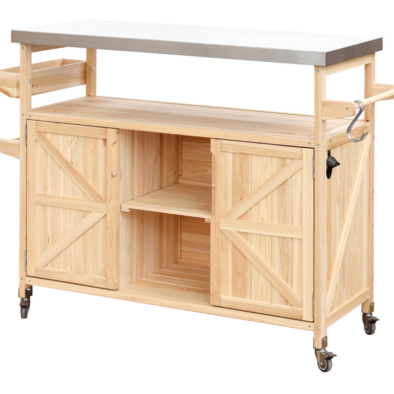 Chariot de rangement extérieur 201 en acier inoxydable - Barre en bois massif hygiénique et pratique de 21 po, Naturel