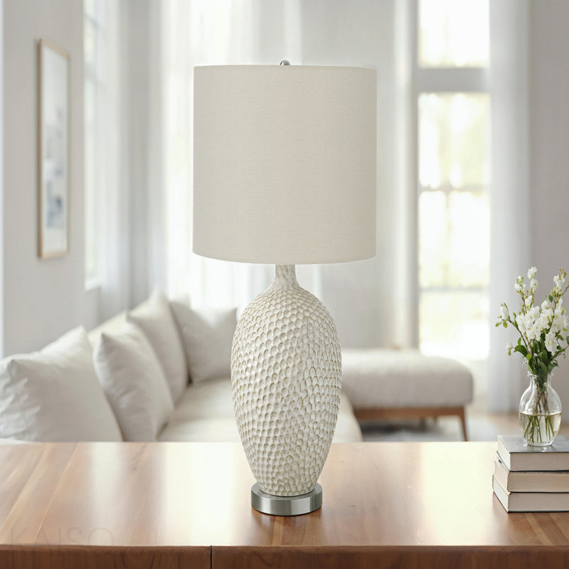 Lighting, H 28 po, lampe de table, céramique crème, abat-jour ivoire / crème, contemporain