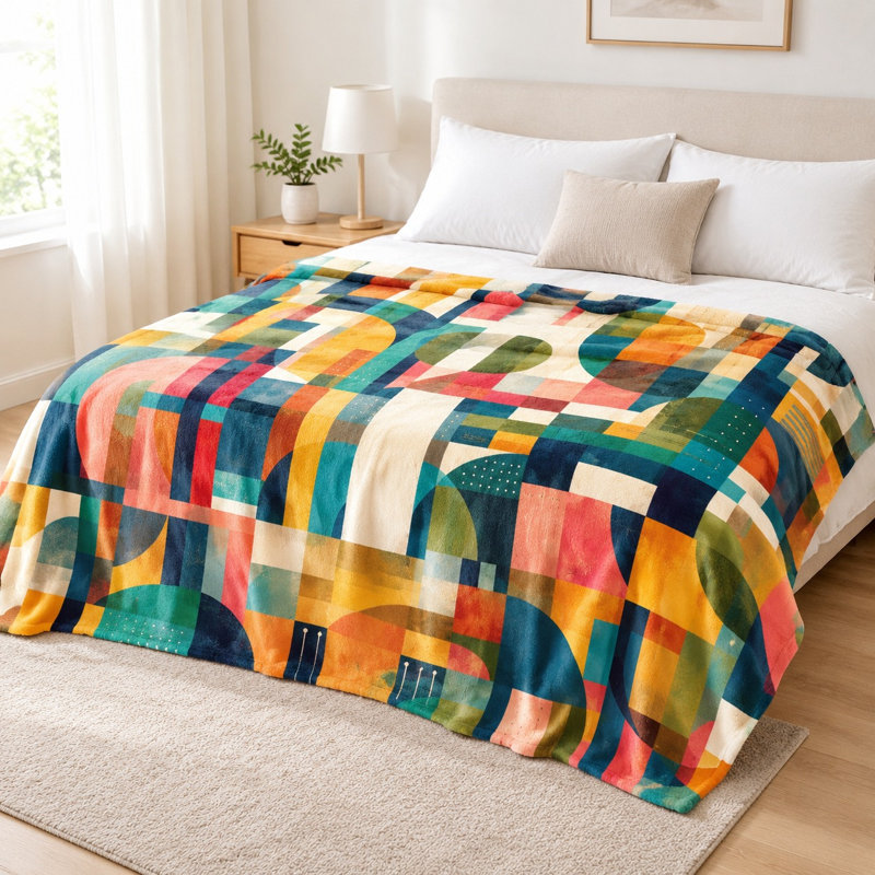 Geometric Abstract Throw Blanket - Vibrant Colorful Shapes, Modern Art Design, Lightweight, Breathable, All-Season, Skin-Friendly, Machine Washable, Decorative, for Sofa, Couch, Living Room and Bedroom