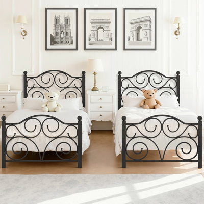 Ensemble de lit simple en métal 2 pièces avec tête de lit et pied de lit décoratifs Mouin, lit plateforme noir de style victorien avec lattes robustes, aucun sommier nécessaire