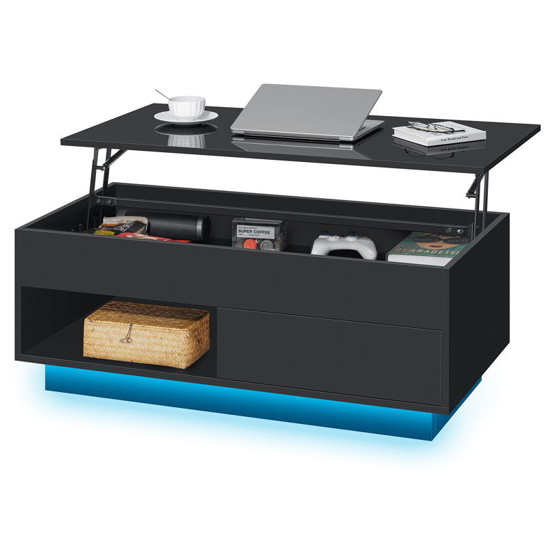 Table basse à plateau relevable avec éclairage à DEL RVB, tiroir et tablette ouverte Banashi, Noir