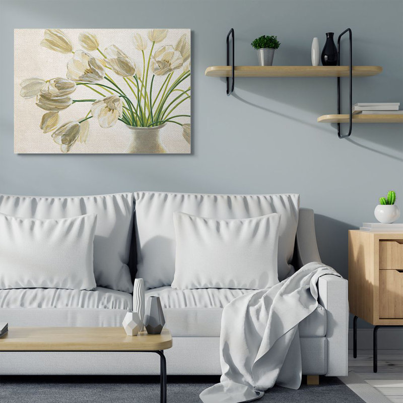 «Tranquil White Tulip Bouquet in Country Vase» par Eva Barberini - impression d'art graphique, H 36 po x l 48 po x P 1,5 po