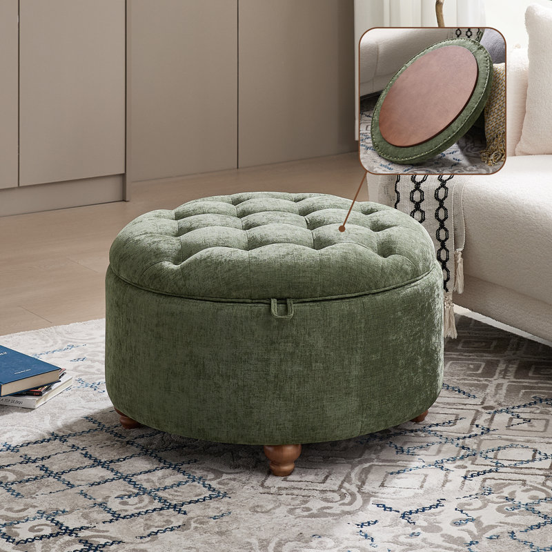Repose-pieds capitonné rond avec rangement de 30 po de largeur, Chenille verte