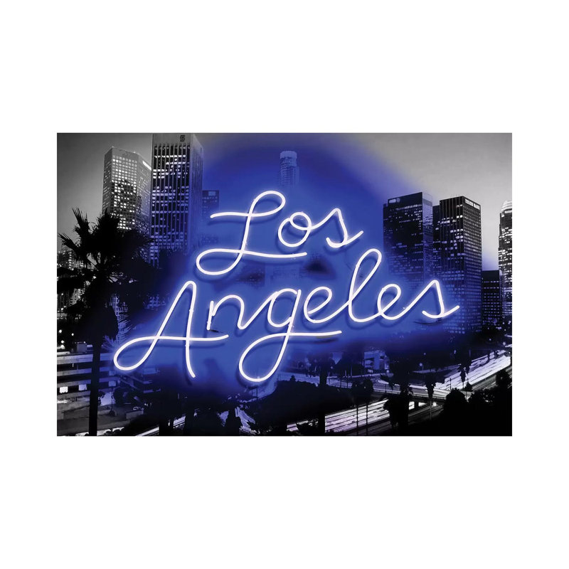 Neon Los Angeles Blueon Black by Hailey Carr - Wrapped Canvas Print, 20.32cm H x 30.48cm W x 1.9cm D