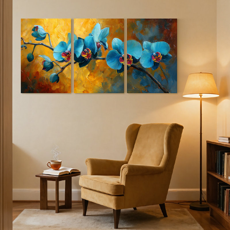 Plantes et fleurs, orchidées bleues sur fond doré, ensemble de 3 impressions sur toile, H 30 po x l 60 po