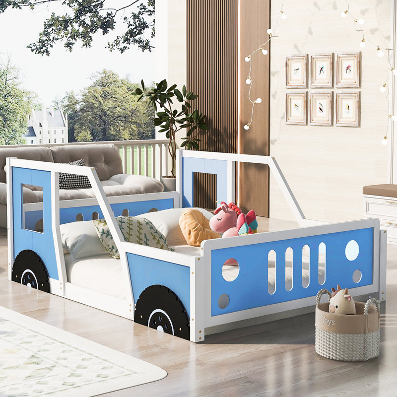 Lit plateforme double classique en forme de voiture avec roulettes, Bleu