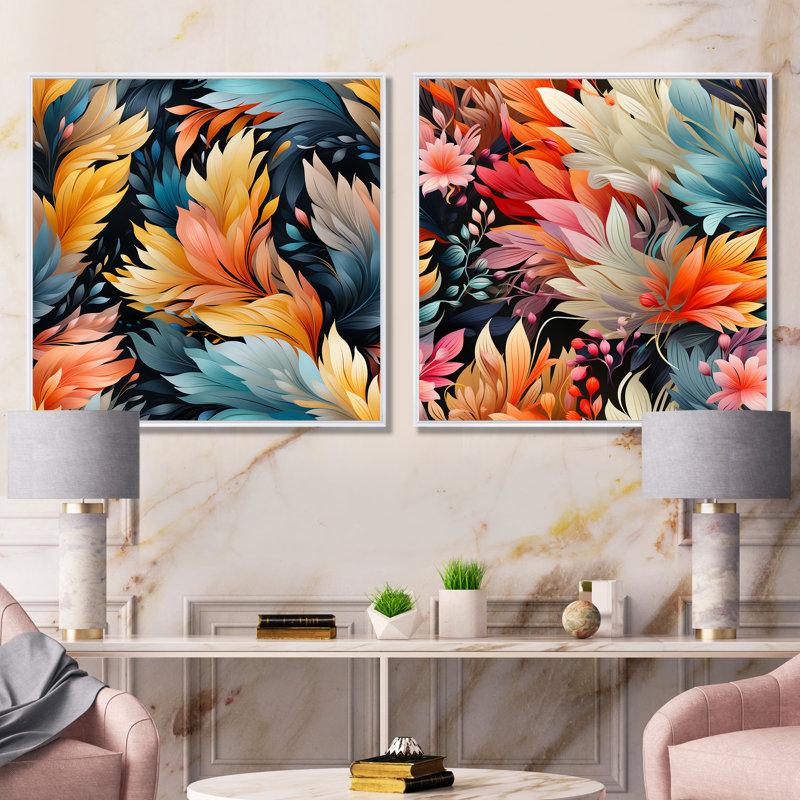 Feingold - Ensemble de 2 décorations murales plumes abstraites, Cadre blanc, H 16 po x l 33 po x P 1 po