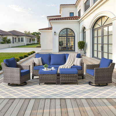 5 Pieces Patio Furniture Set, Outdoor Wicker Sofa Couch with Rocking Swivel Chairs Comfy Cushions, Modern Deep Seat Rattan Conversation Sets for Deck Porch,Blue