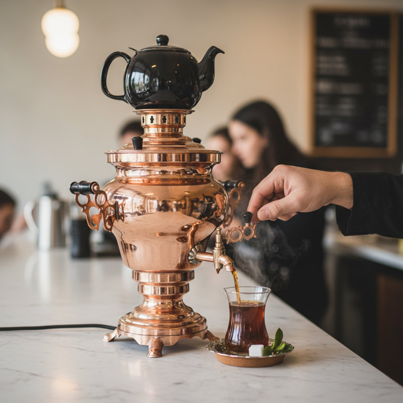 Ttak Houseware Electric Stainless Steel Copper Design Samovar - Premium Modern Design Tea Kettle Overheat Protection Porcelain Teapot (1.2 Liters) Large Stainless Steel