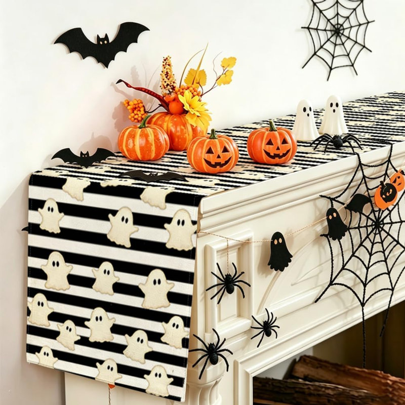 Chemin de table Ghost Halloween, décorations d'Halloween pour la maison | Rayures d'automne pour la fête de l'Action de grâce 13 x 90 po