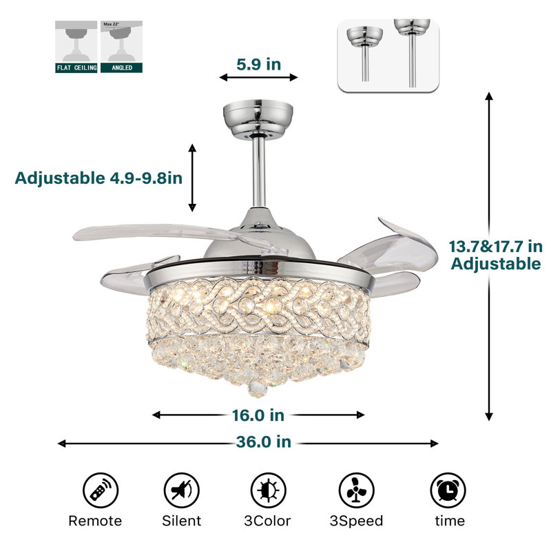 Haliey 4 - Blade LED Crystal Ceiling Fan with Remote Control and Light Kit Included, 17.7" H x 36" W x 36" D