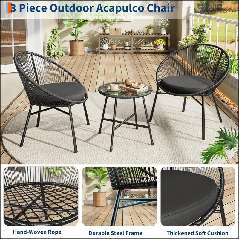 3 Piece Patio Bistro Set, Outdoor Acapulco Chairs Set Of 2 With Glass Top Table, All Weather Modern Patio Chairs With Cushions, Patio Conversation Bistro Set For Deck, Backyard, Balcony, Porch