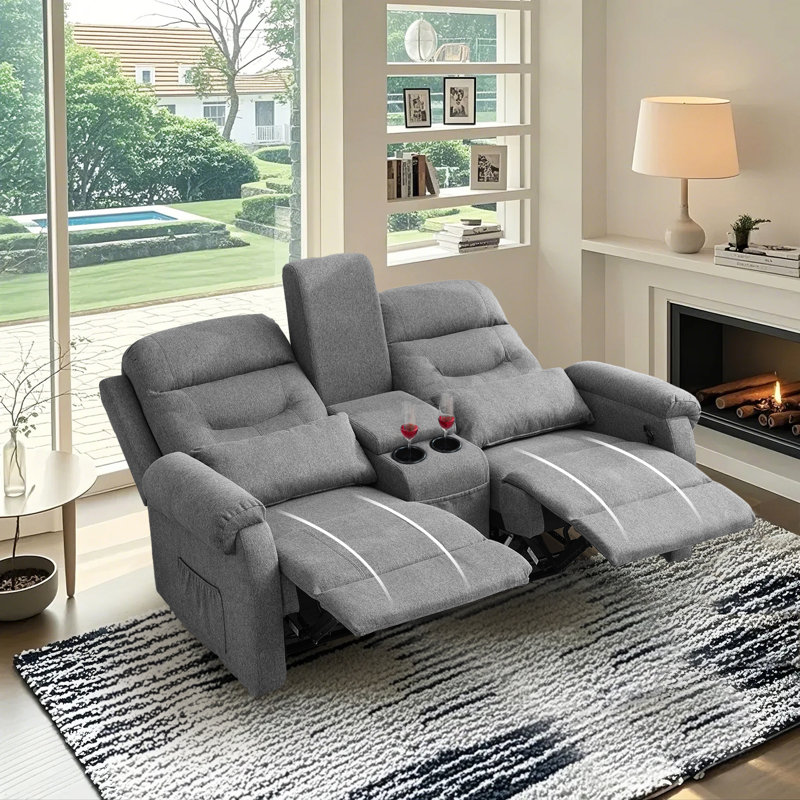 65.7" Modern Manual Reclining Loveseat With Storage Console And Cup Holders, Gray