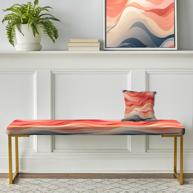 Pink And Coral Wave Horizon - Coastal Upholstered Gold Bench