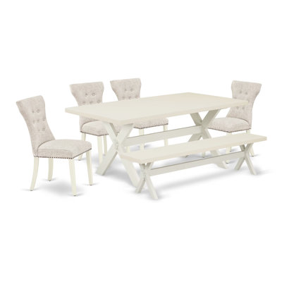 0E48ACFA9FEE4BD4990D635CA109C289 6-Pc Dining Table Set- 4 Parson Chairs - Rectangular top & Wooden Cross Legs Dining Room Table and Dining Bench