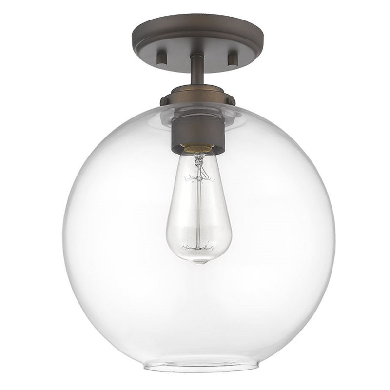 Plafonnier semi-encastré 1 lumière avec verre bullé en nickel satiné, Bronze huilé