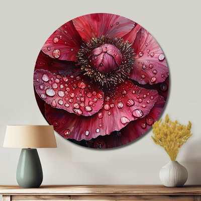 Raindrop Red Peony In Winter II - coquelicots sur cercle métallique, art mural traditionnel rouge en métal