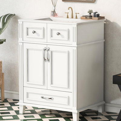 Meuble-lavabo moderne 24 po avec lavabo en céramique, base en bois massif et cadre de compartiment de tiroir dissimulé 24 po, charnières à fermeture douce