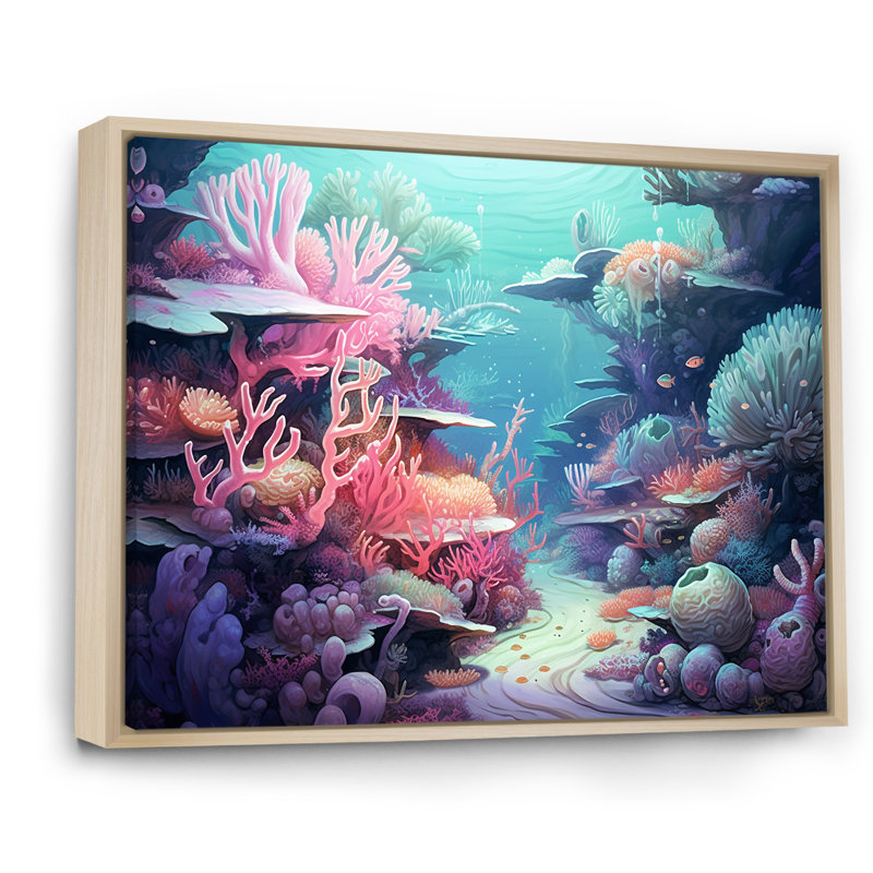 Turquoise et rose sous-marin - Plage et océan, impressions sur toile, H 16 po x l 32 po x P 1 po, Cadre naturel flottant