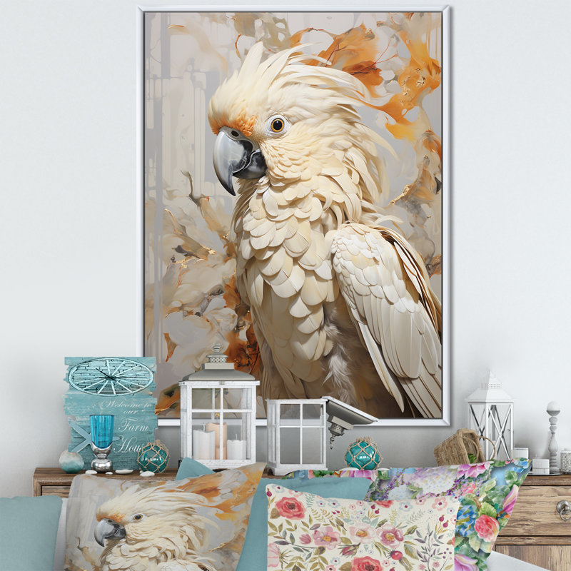 Perroquet beige à plumes élégance II, Black Picture Framed, 40" H x 30" W