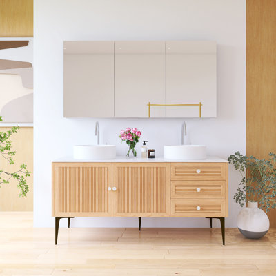 60 po Ensemble de meuble-lavabo autoportant en chêne avec double vasque