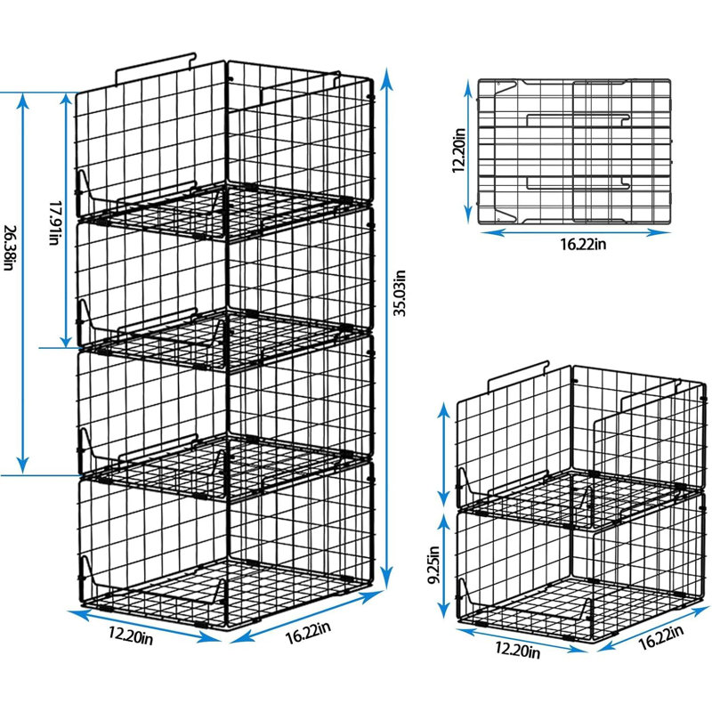 Stackable Metal Closet Organizer Bins, 4-Pack Black