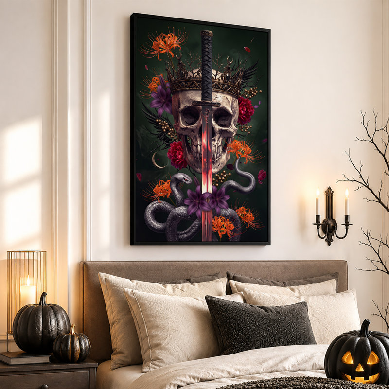 Impression sur toile, tête de mort couronnée avec une épée rougeoyante et des serpents parmi Halloween, H 36 po x l 24 po