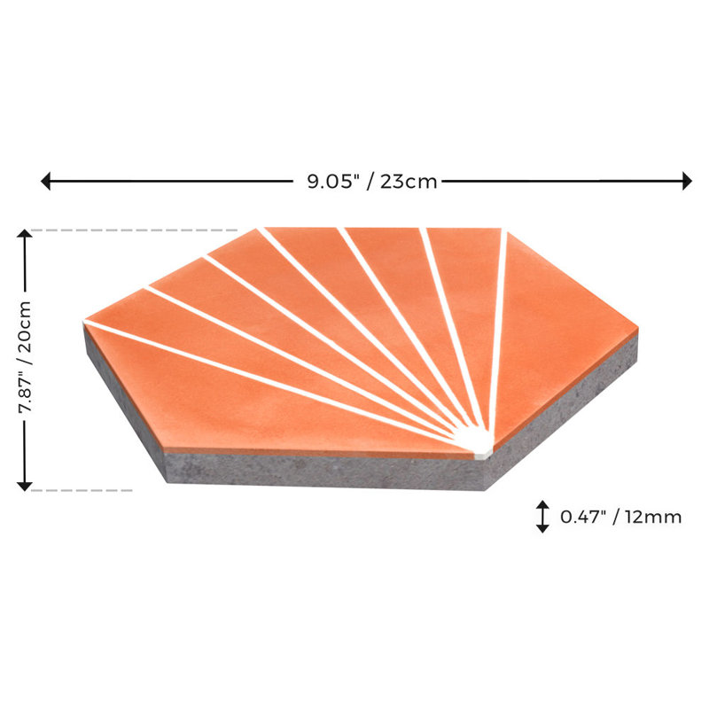 Spark C 7.87" x 9.09" Cement Patterned Wall & Floor Tile, Tangerine