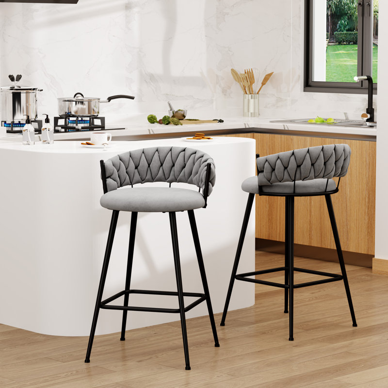 Upholstered Counter Stool With Metal Frame, Gray, Bar Stool (30” Seat Height)