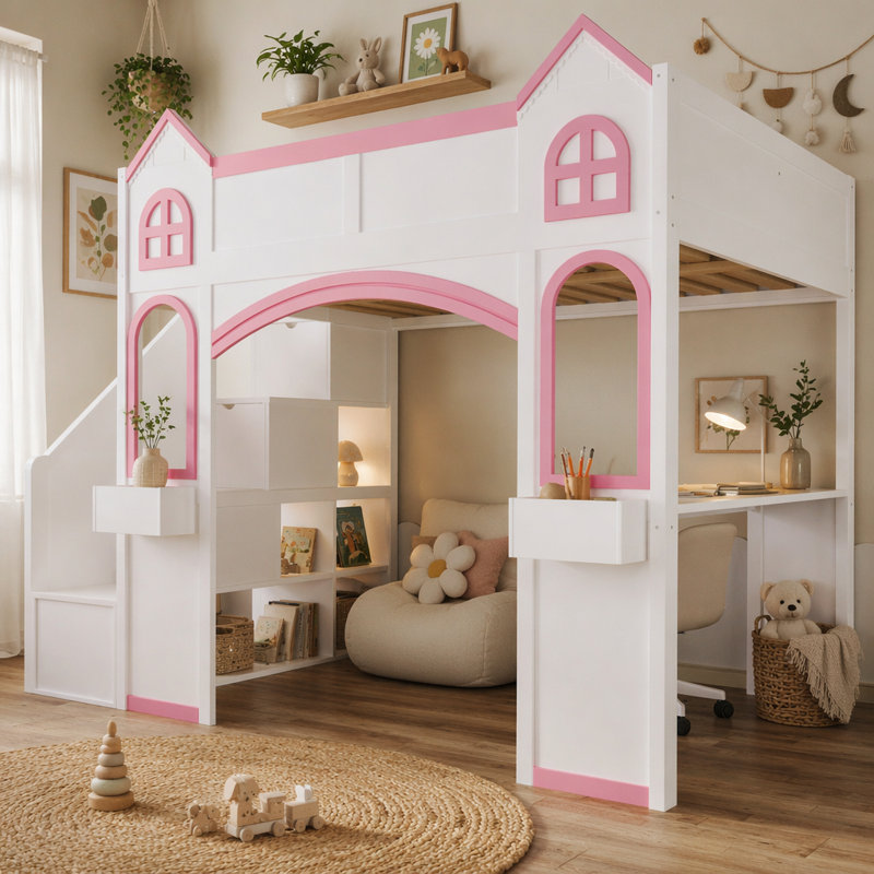 Lit mezzanine en bois pleine grandeur avec escalier de rangement, bureau, fenêtres, tablettes et lumière DEL, blanc et rose clair