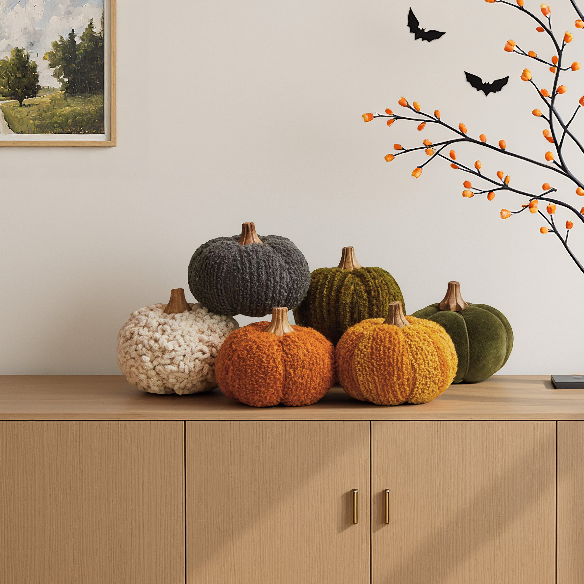 Bouclé Velvet Pumpkin Holiday Decor With Wood Stem, 4" H x 4.75" W x 4.75" D