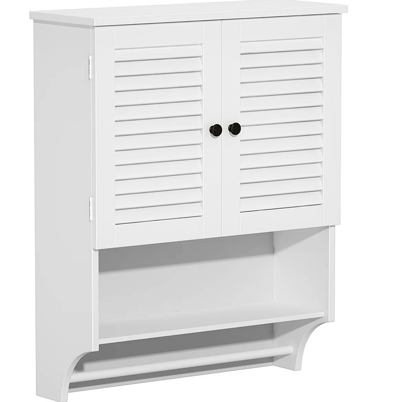 Armoire de salle de bain blanche avec portes à persiennes, tablettes réglables pour les articles quotidiens, tablette ouverte et barre à serviettes, fabriquée dans des conditions humides de haute qualité, tablettes intérieures élégantes de 23,55 po de profondeur, fabriquée en