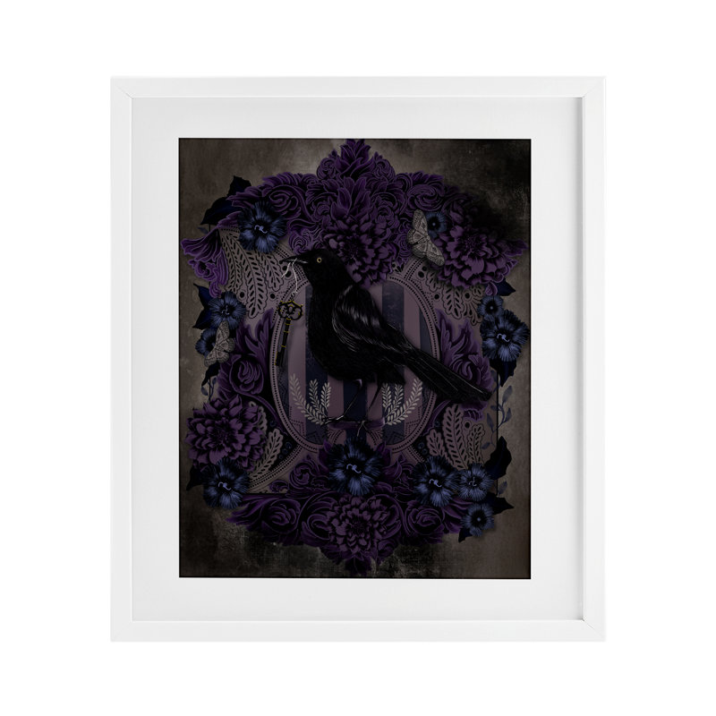 Raven with Gothic Florals, reproduction encadrée sous verre, design par Lori Mosley, H 21 po x l 17 po, Cadre blanc côtier