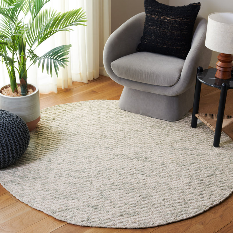 Belizaire Abstract Hand Loomed Wool Area Rug in Green/Ivory, Round 6'