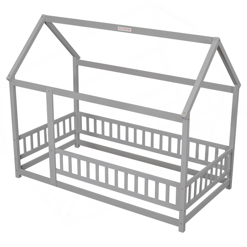 Lit simple en bois avec structure de toit de maison, garde-corps de clôture, gris, Lit simple