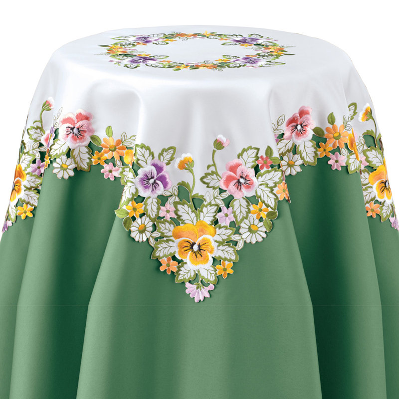 Embroidered Floral Green and White Square Tablecloth