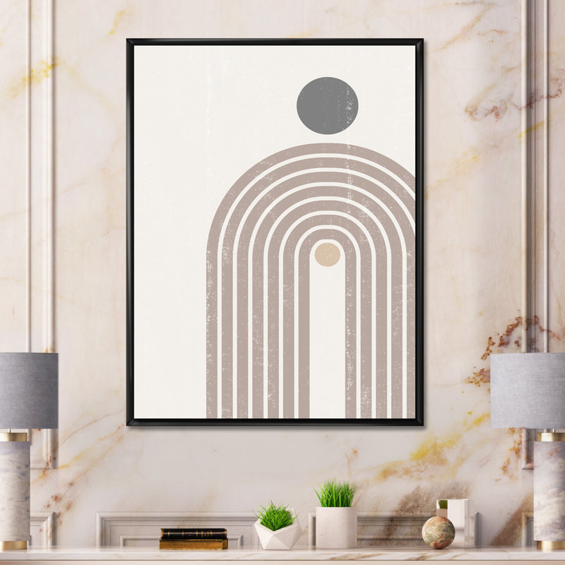 Abstrait arc-en-ciel, soleil et lune en tons de terre I - cadre flottant, impression sur toile, H 32 po x l 24 po x P 1 po