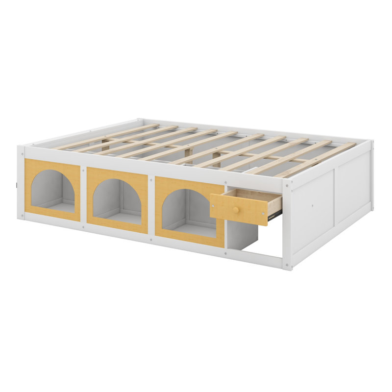 Lit plateforme peu encombrant avec bibliothèque, éclairage à DEL et tiroir de rangement, Grand lit, Blanc et naturel