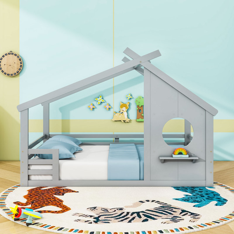 Lit en bois avec toit en forme de maison et lattes, Complète, gris