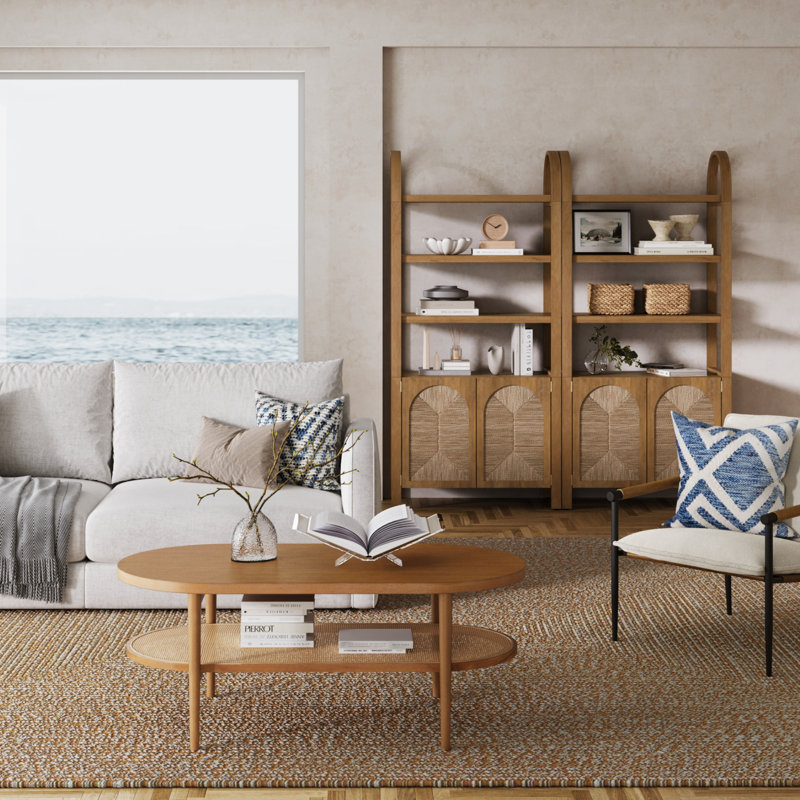 Coran Arched 3-Tier Bookshelf With Seagrass Cabinet Base, Natural