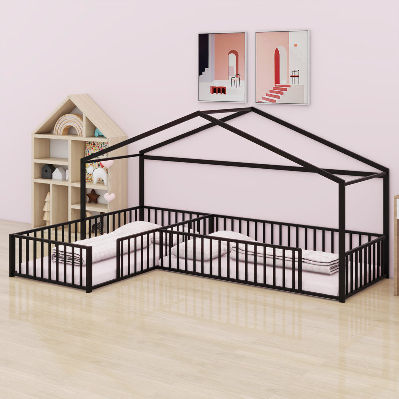 Cadre de lit en métal pour clôture, lit double en coin en L pour 2 personnes Montessori, Noir
