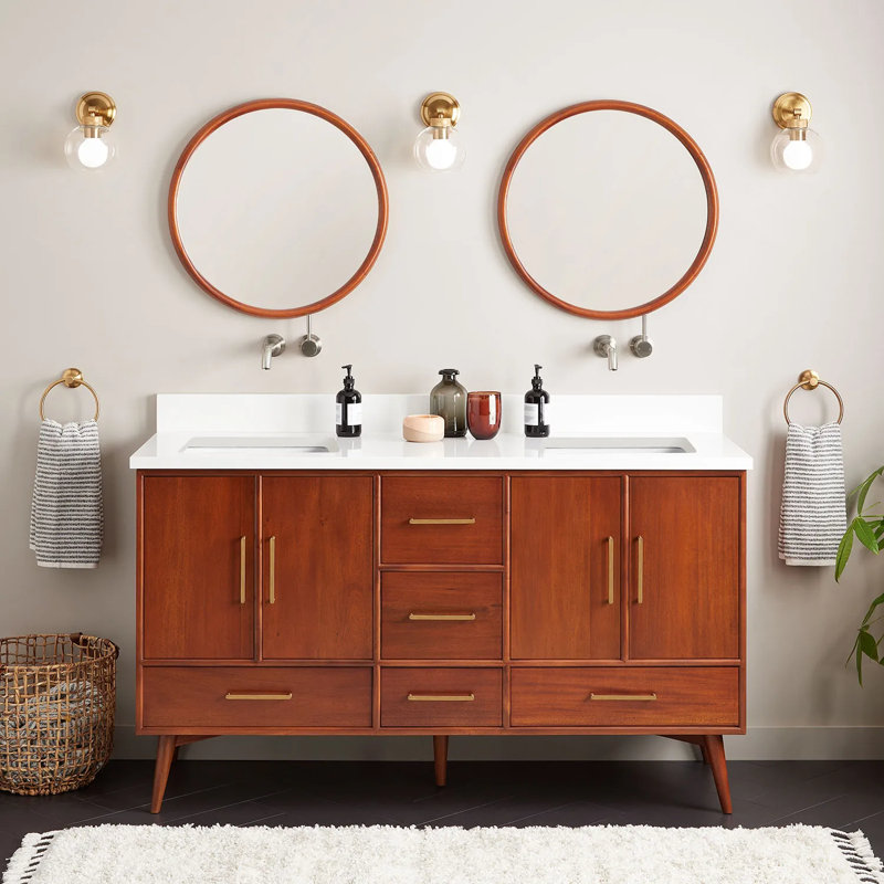 60" Novak Double Bathroom Vanity Set with Rectangular Undermount Sinks, No Faucet Hole, Arctic White Quartz, Natural Teak