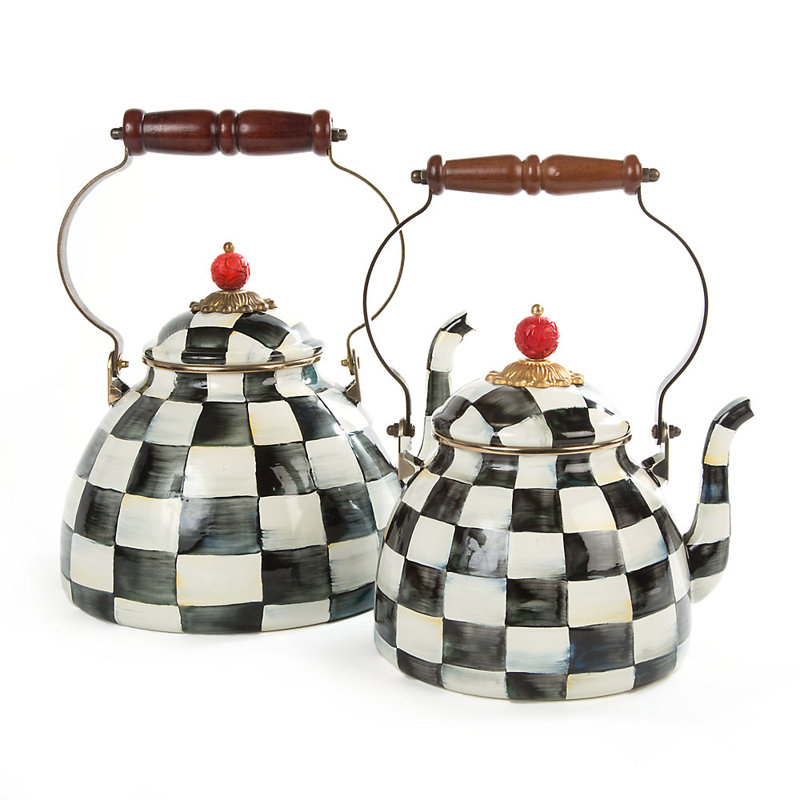 Extra Small Black and White Checkered Stainless Steel Kettle with Wooden Handle