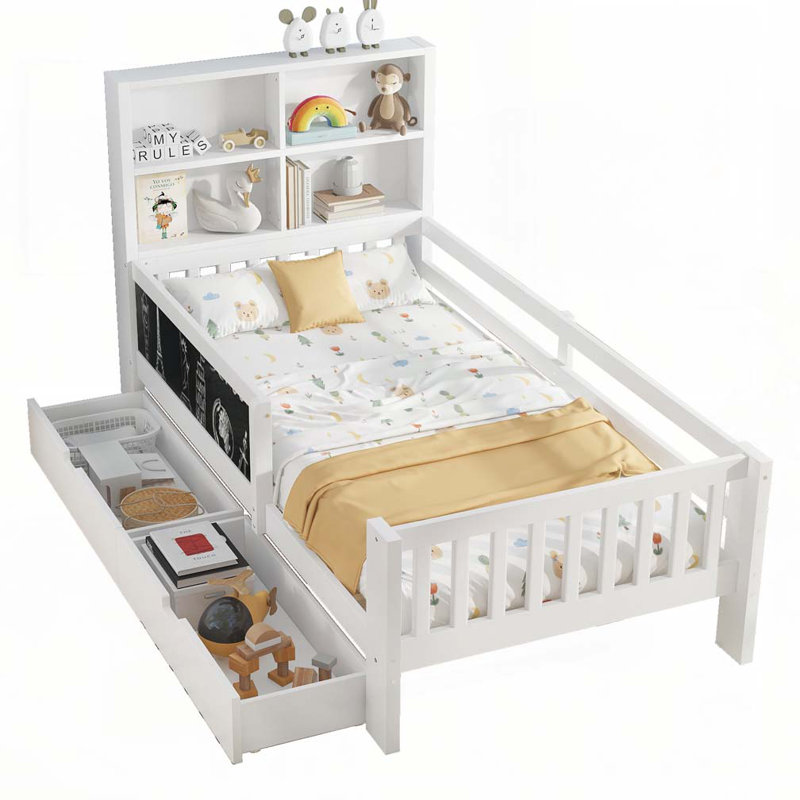 Lit avec rangement et tiroirs en bois, Lit simple, Blanc