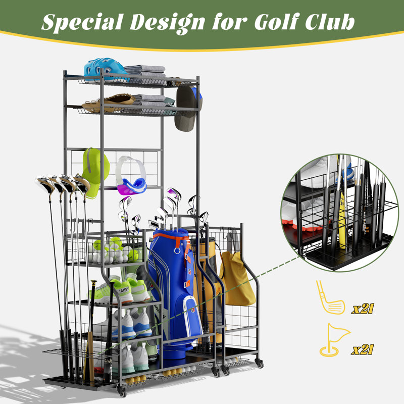 Organisateur de garage pour 3 sacs de golf, grand support de club de golf bricolable avec tablettes - noir + métal