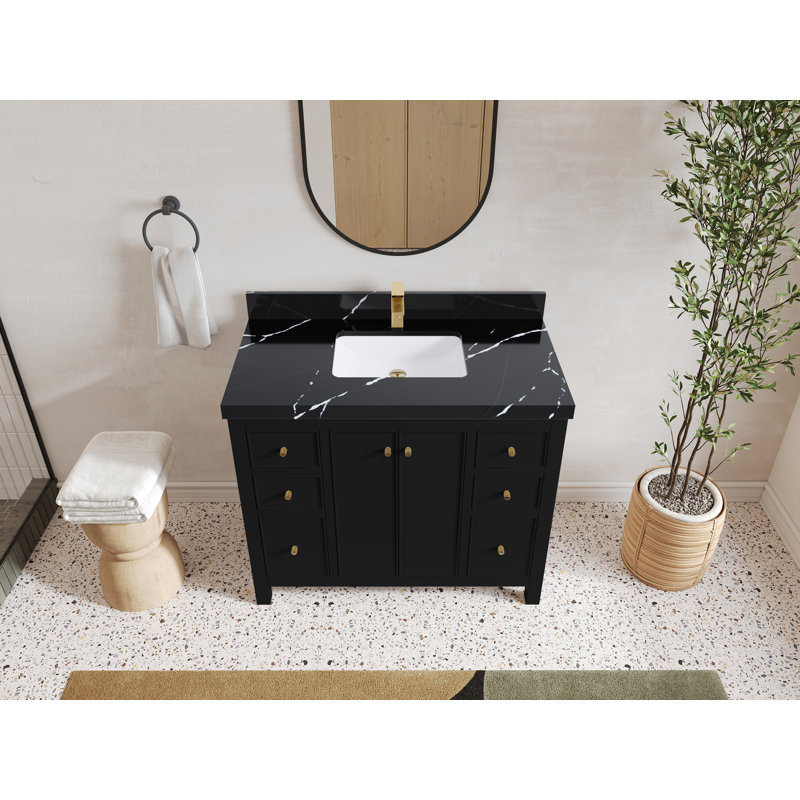 Meuble-lavabo simple 42 po avec plateau en quartz Chicago, Noir Calacatta