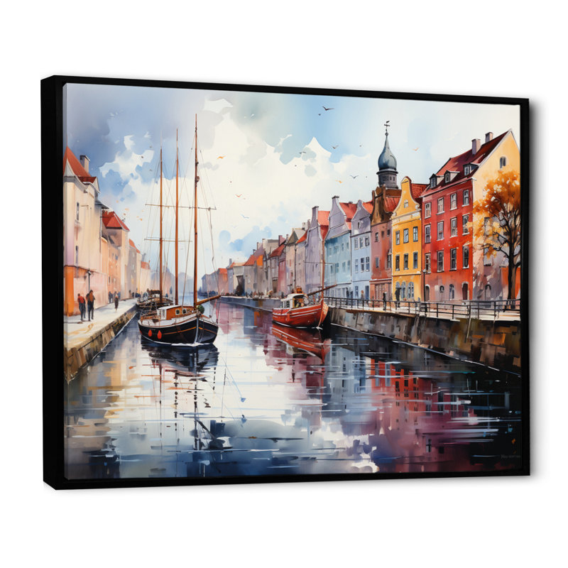 «Danemark Canal Promenade I», reproduction sur toile, H 34 po x l 44 po x P 1,5 po, Cadre flottant noir
