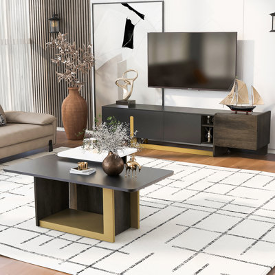 Modern Light Luxury TV Stand And Coffee Table Set Of 2, Modern TV Console,Wood Center Tables With Spacious Top, Storage Cabinet & Open Adjustable Shelves For Living Room