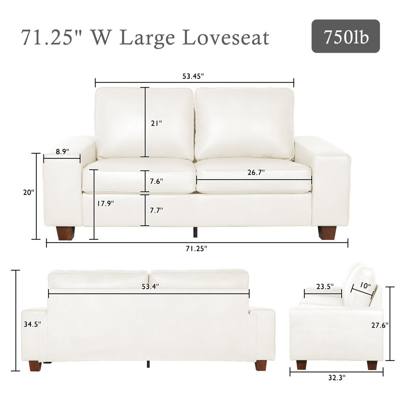 Canapé 71,5 po en cuir végétalien avec accoudoirs carrés larges et poches de rangement pour causeuse de salon, Blanc