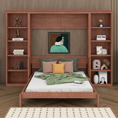Full Size Murphy Bed With Desk, Wood Foldable Wall Bed Frame With Bookcase Shelves, Hidden Wall Bed Cabinet For Adult